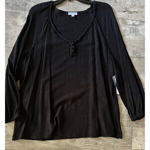 Westbound Woman XL Tunic Blouse Peasant Top Black Rayon Linen Long Sleeve